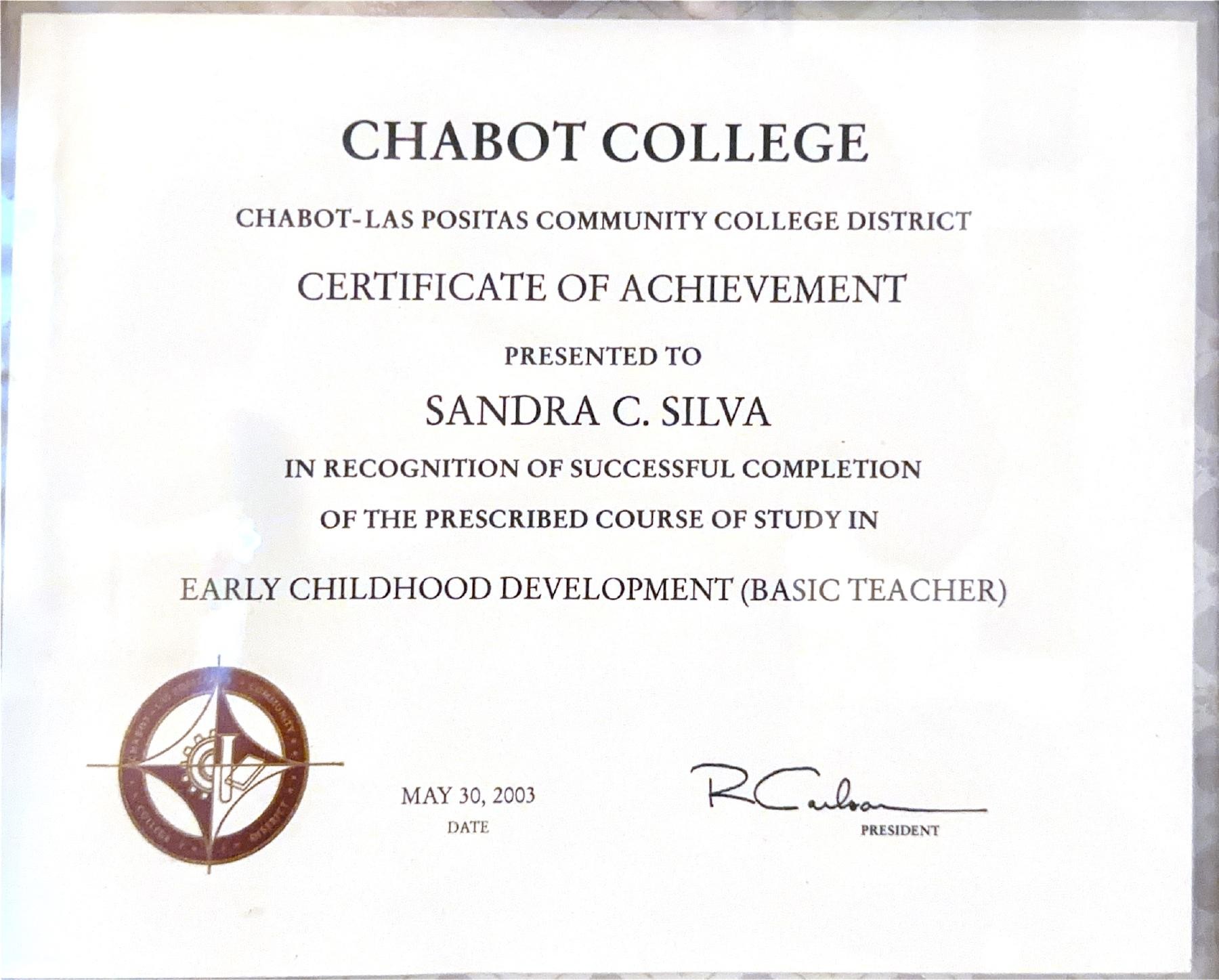 Sandra’s Chabot College Early Childhood Development certificate