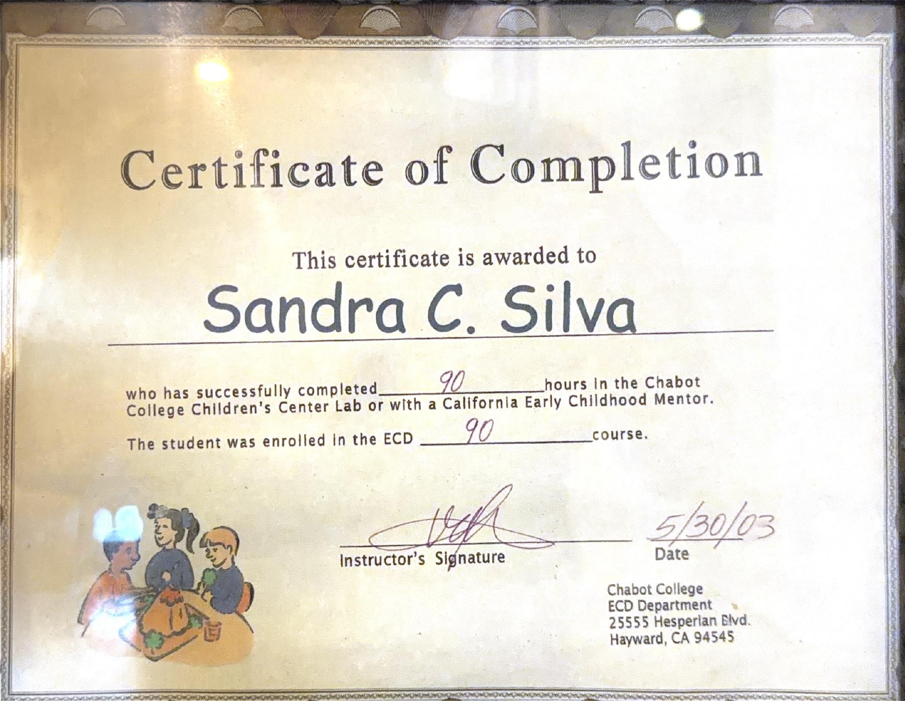 Chabot College certificate for 90 hours of early childhood field experience