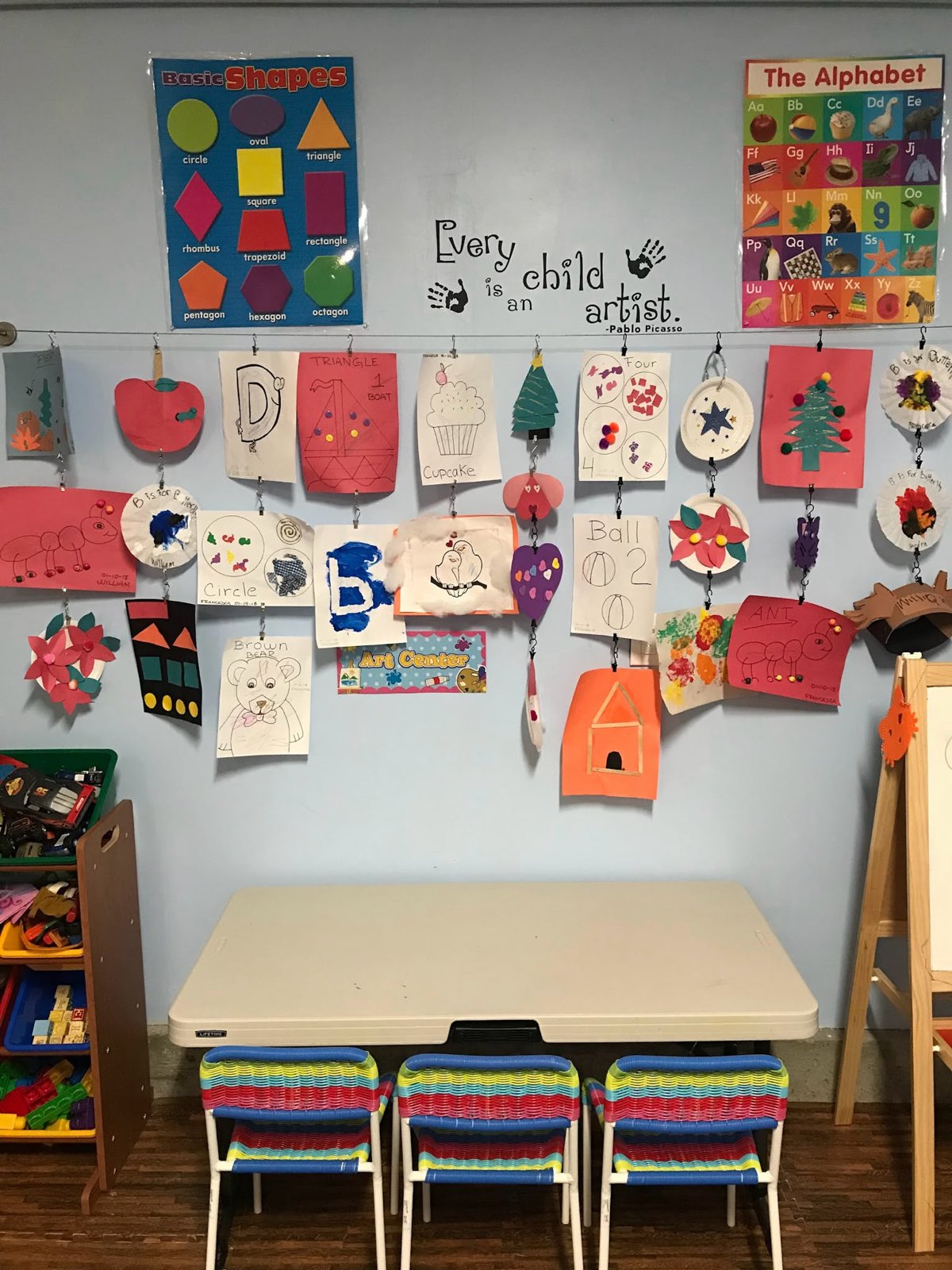 Children’s artwork displayed on the classroom project wall